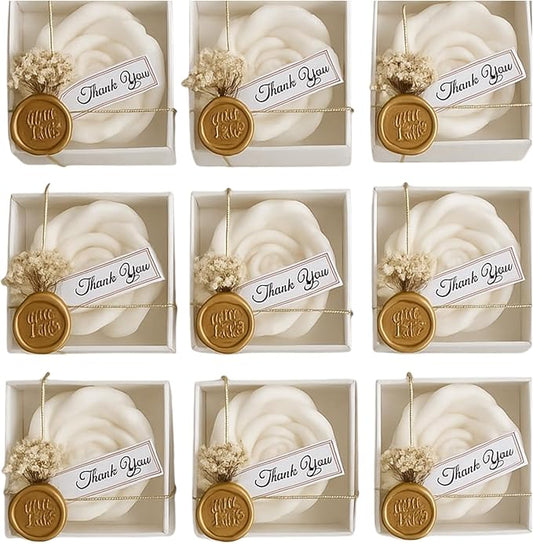 White Rose Petal Soy Wax Candles in Bulk – Rose Candle Wedding Favors for Guests, Personalized Candle Favors for Bridal Shower & Baby Shower Gifts – Dried Flower & Wax Seal Design (150 Pieces)