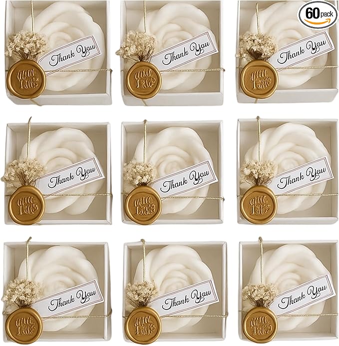 White Rose Petal Soy Wax Candles in Bulk – Rose Candle Wedding Favors for Guests, Personalized Candle Favors for Bridal Shower & Baby Shower Gifts – Dried Flower & Wax Seal Design (60 Pieces)
