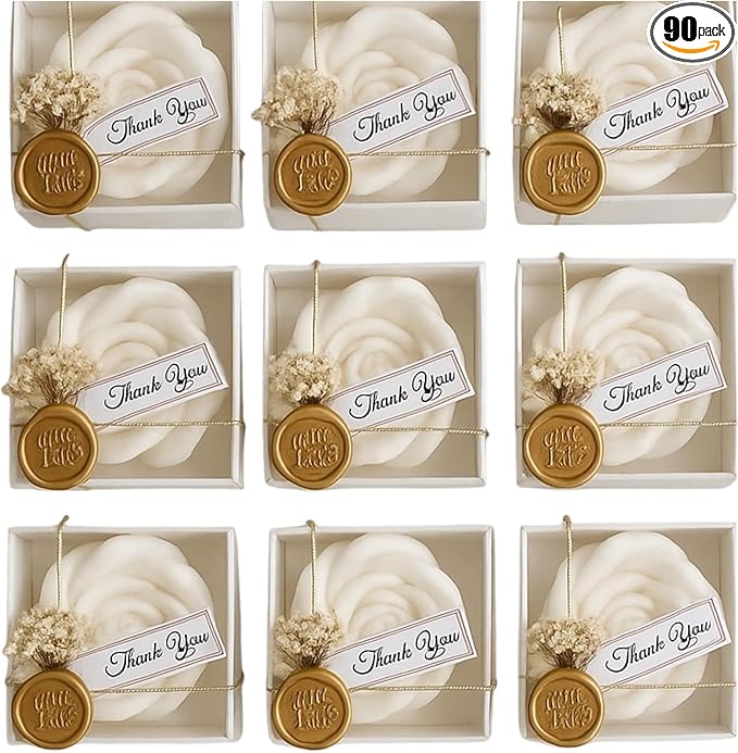 White Rose Petal Soy Wax Candles in Bulk – Rose Candle Wedding Favors for Guests, Personalized Candle Favors for Bridal Shower & Baby Shower Gifts – Dried Flower & Wax Seal Design (90 Pieces)