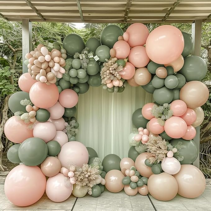 Dusty Green Pink Balloon Garland Double Stuffed Blush Pink Cream Retro Green Peach Sand White Balloon Arch Kit for Baby Bridal Shower Wedding Birthday Spring Party Decoration
