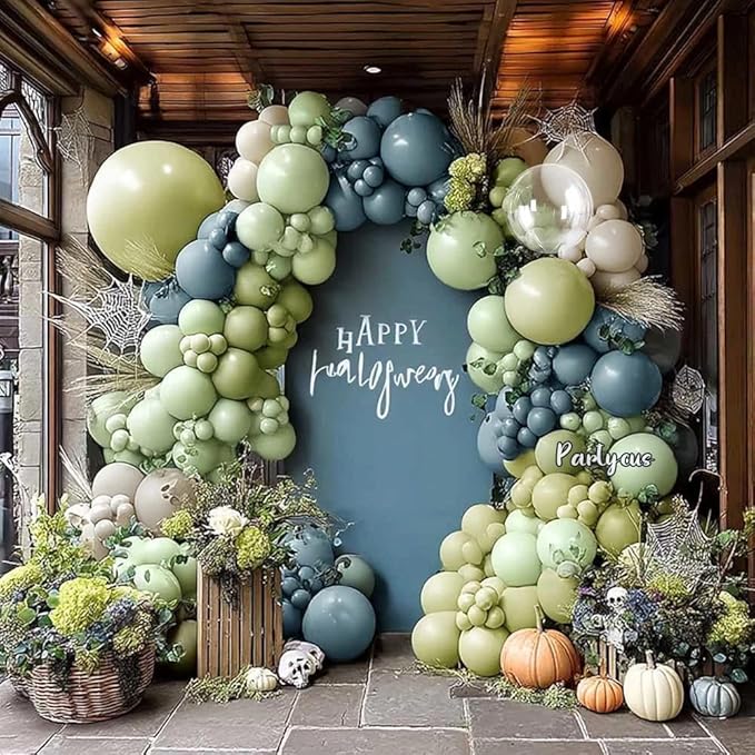 Blue Green Balloon Arch Kit Double Stuffed, Dusty Mint Green Slate Blue White Pastel Olive Balloon Garland with Clear Bobo for Neutral Baby Shower Bridal Wedding Birthday Winter Party Decoration
