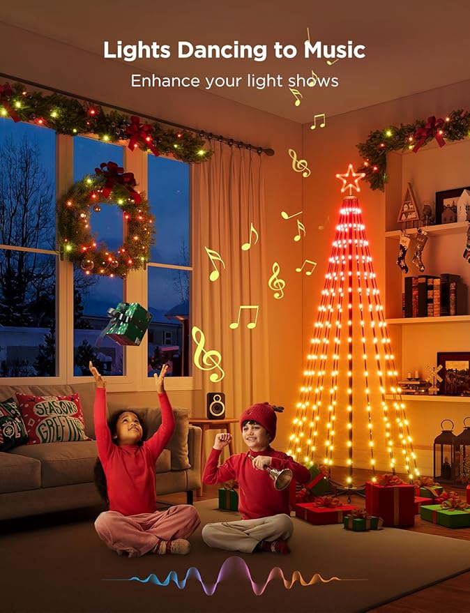 Govee Christmas Cone Tree Lights, 6ft 316 LEDs RGBIC Christmas Tree Lights with Smart App Control, IP67 Waterproof Outdoor String Lights for Xmas Decorations, 82+ Scene Modes, Music Sync, Black Stand