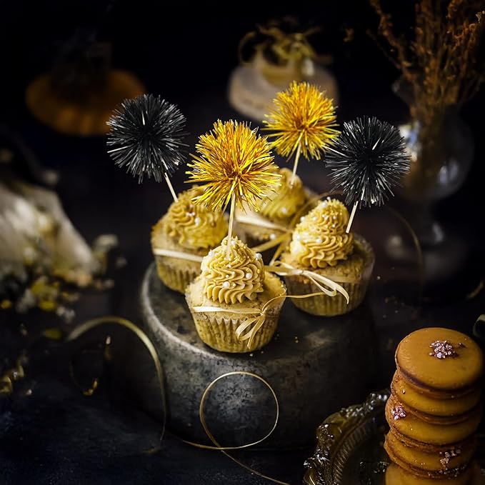 Ephlyn 30Pcs Foil Firework Cupcake Toppers Sparkle Tinsel Cupcake Picks Happy Birthday Cake Decorations Drink Stirrers Cocktail Food Toothpicks for Baby Shower Graduation Party Supplies Black Gold