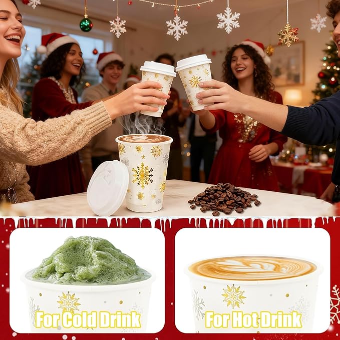 100 Pcs Christmas Coffee Cups with Lids 12oz Gold Foil Snowflake Paper Cups Insulated Cups for Xmas Hot Cocoa Beverage Winter Party Supplies Hot Chocolate Coffee Water Tea Xmas Holiday Supplie