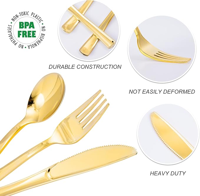 N9R 500PCS Gold Plastic Silverware - Gold Plastic Cutlery Set Disposable Flatware Dinnerware -200 Forks, 150 Spoons, 150 Knives for Party, Birthday, Wedding Utensils