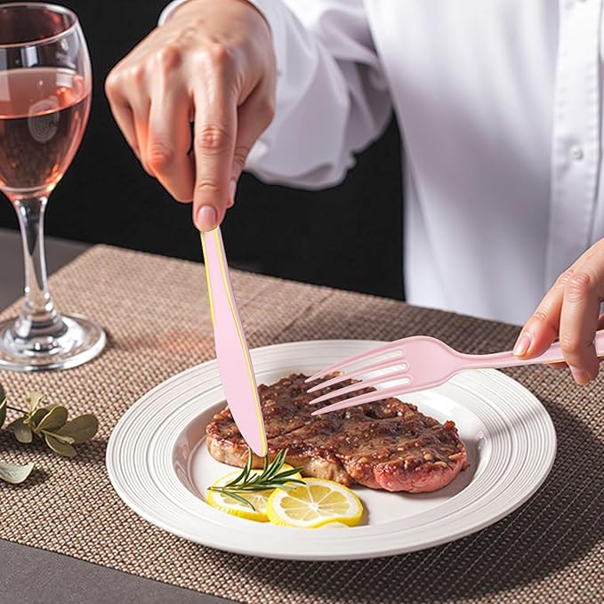 WDF 180 Pieces Pink Plastic Silverware with Gold -Pink Plastic Utensils Set - 60 Guest Pink Cutlery Disposable for Birthday/Party/Wedding