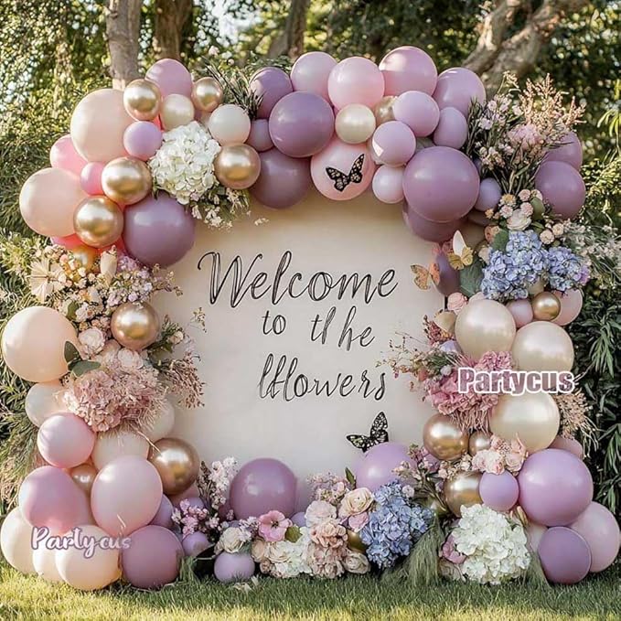 Dusty Purple Pink Balloon Arch Kit, Double Stuffed Lavender White Sand Pearl Balloon Garland with Pastel Pink Lilac Blush Gold Latex for Baby Shower Birthday Wedding Fall Party Decoration
