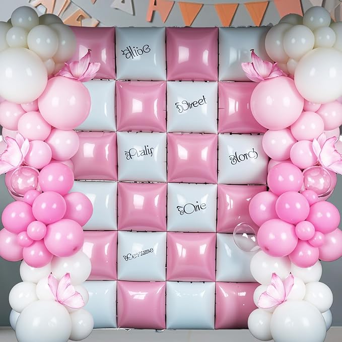 Pink and White Square Balloon, 20 PCS Double Sided Foil Balloons Wall Flat Square Balloon Backdrop for Girls Coquette Birthday Decoration Bridal Baby Shower Party Decoration