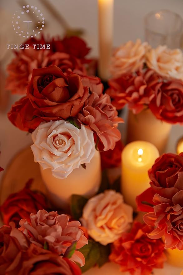 TINGE TIME Artificial Flowers, 25pcs Real Looking Gradient Fall Orange Rose Fake Roses w/Stem for DIY Wedding Bouquets Centerpieces Arrangements Party Baby Shower Home Decorations