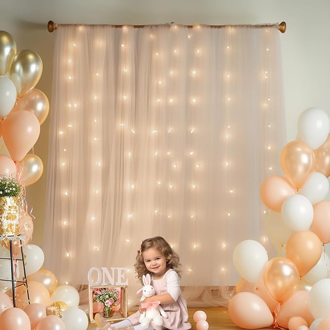 20ft x 10ft Champagne Backdrop Curtain with Lights String for Parties, Sheer Tulle Wedding Photo Backdrops Drapes for Baby Shower Birthday Party Decorations Background for Photography