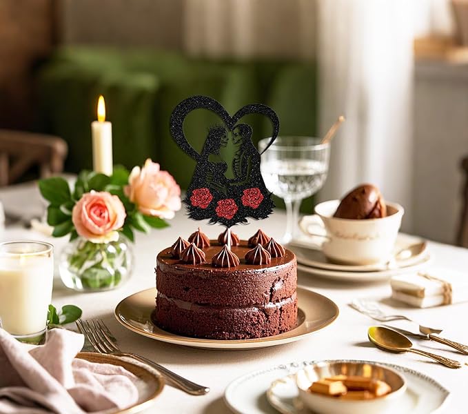 Halloween Bride or Die Engagement Wedding Cake Topper, Halloween Wedding Decorations, Skull Silhouette Cake Topper Party Decorations Supplies Black & Red