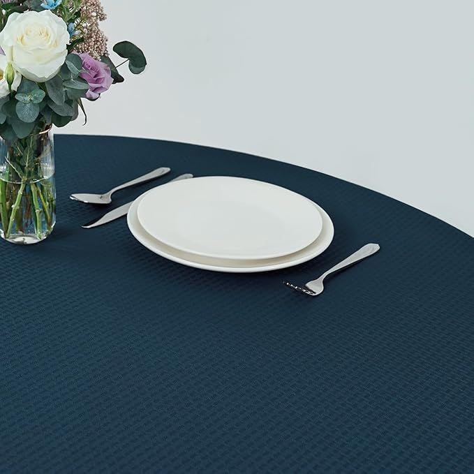maxmill Round Weaved Texture Design Tablecloth Spill-Proof Wrinkle Free Soft Washable Table Cloth for Circular Table Cover, for Dining Room Buffet Banquet Parties Holiday Dinner, 90 Inch Navy Blue
