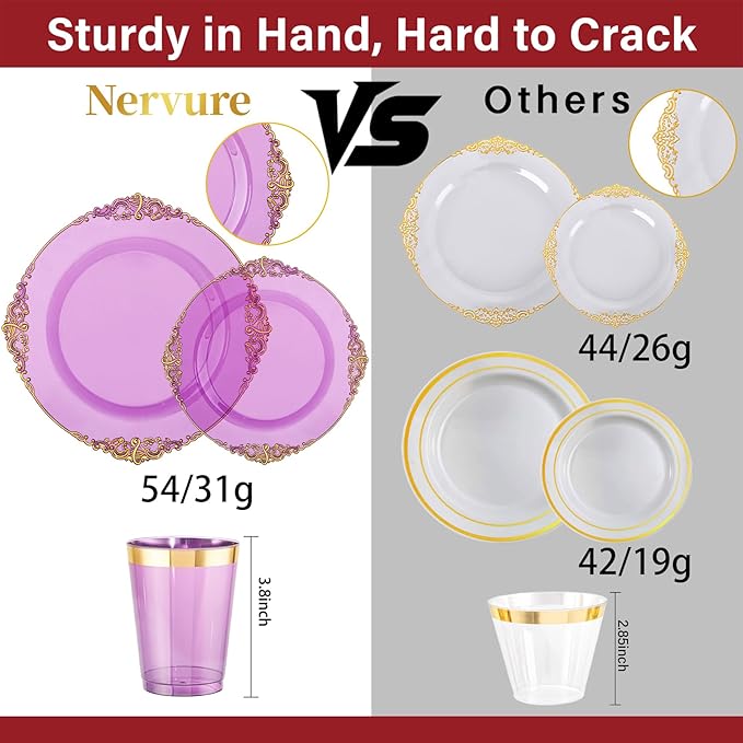 Nervure 175PCS Clear Purple Plastic Plates - Purple Party Plates Set for 25 Guests Include 25Dinner Plate, 25Dessert Plate, 25Cups, 75 Cutlery, 25Napkins Perfect for Wedding & Party & New Year