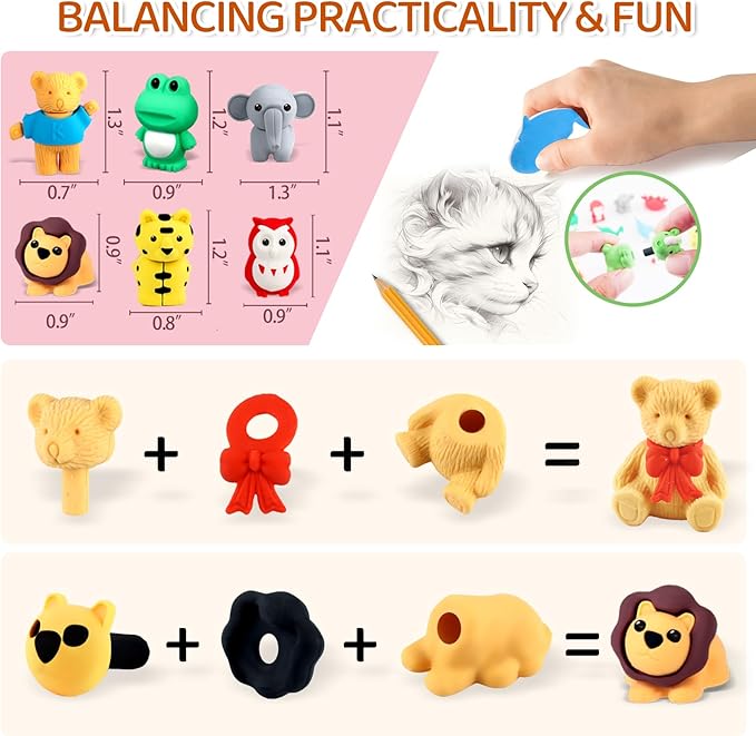 60Pcs Animal Erasers Kids Desk Pets Pencil Erasers 3D Puzzle Bulk Mini Animal Eraser Toys Fun Cute Eraser for Classroom Rewards, Game Prizes, Treasure Box, Easter Egg Fillers