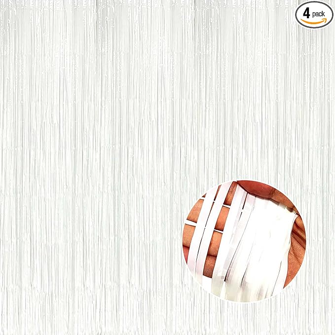 4 Pack Macaron White Foil Fringe Curtain Backdrop, 3.28Ft x 8.2Ft Foil Fringe Streamers Curtains for Party, Photo Booth Props, Birthday, 2022 Graduation Decor Supplies, One Size