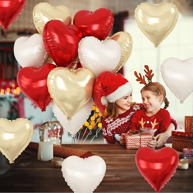 Red Gold Heart Balloons Foil, 12Pcs 18 Inch Metallic Red Gold Cream Beige Heart Shape Foil Balloon for Girls Women Birthdays Wedding Baby Shower Valentines Mother's Day Xmas Christmas Party Decor