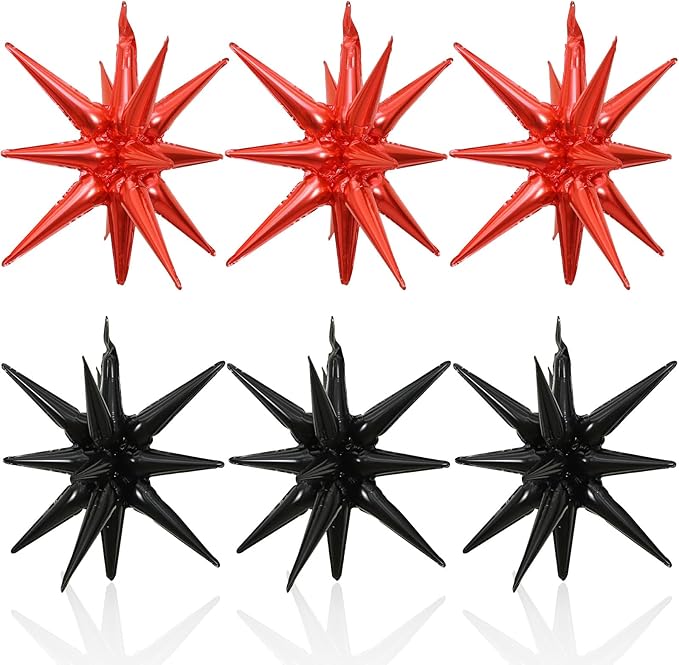 6PCS Black Red Star Balloons, 22Inch Large Star Balloon Foil Balloons Spike Cone Balloon for Birthday Anniversary New Year Halloween Vampire Casino Party Decorations