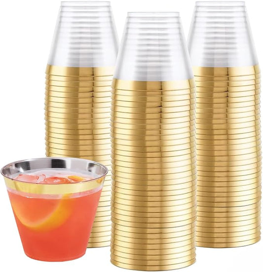 Prestee 100-Pack 9oz Gold Rimmed Plastic Cups Disposable Wine Glasses for Charcuterie, Weddings, Parties, and Events - Elegant Cocktail and Drinking Cups for Champagne, Martini, and Mocktails