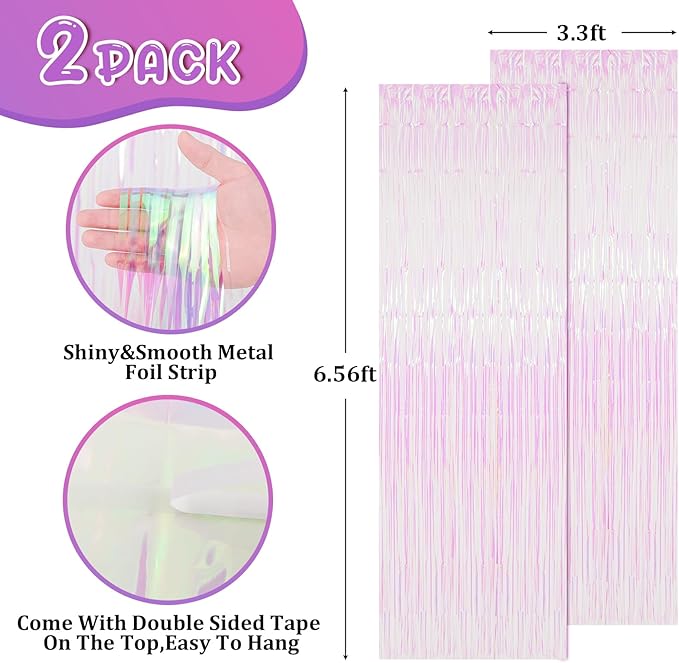 2 Pack Iridescent Tinsel Foil Fringe Curtains, Iridescent Party Decorations, Metallic Tinsel Party Streamers Backdrop for Mermaid Birthday Baby Shower Slumber Wedding Party Decorations
