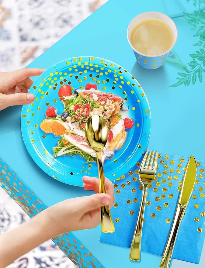 141 Pieces Sky Blue Gold Party Supplies, Disposable Party Decorations Sets Include Paper Plates Napkins Cups, Plastic Forks Knives Spoons, for Baby Shower Birthday Wedding -20 Guests