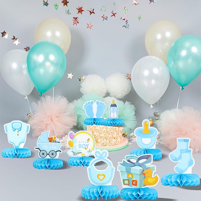 Gyufise 9Pcs Baby Shower Decorations Honeycomb Table Centerpieces Pacifier Welcome Baby Boy Table Toppers It's a Boy Honeycomb Centerpiece Decro for Gender Reveal Baby Shower Boys Birthday Party Blue