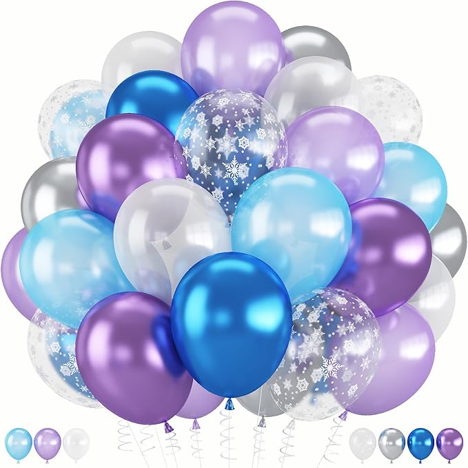 Winter Snowflake Balloons, 60 Packs 12 Inch Metallic Purple Blue White Silver Balloon with Confetti Balloon for Birthday Party Baby Shower Christmas Winter Wonderland Party Decoration