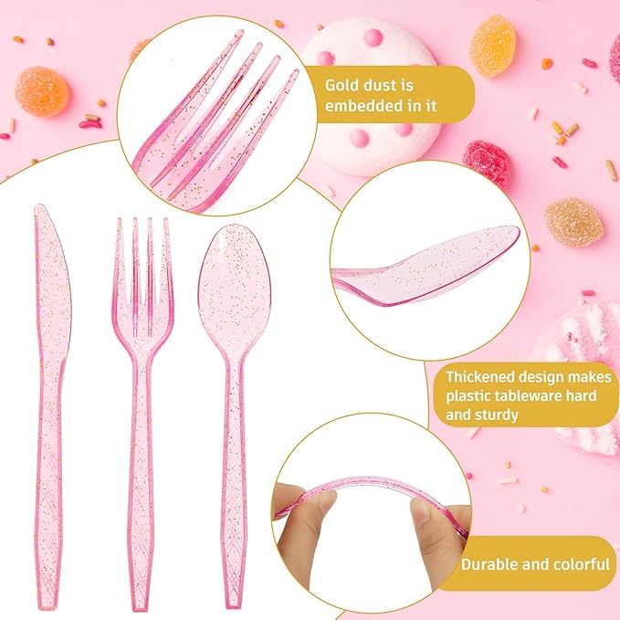 Plastic Silverware Heavy Duty Plastic Cutlery Set Heavyweight Disposable Flatware Includes Spoons Forks Knifes for Birthday Party Prom Night Wedding Dinner (180, Clear Pink)