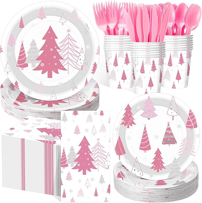 Pickmesh 400 Pcs Christmas Party Supplies Pink Silver Xmas Tree Snowflake Disposable Paper Plates Napkins Cups Cutlery for Winter Xmas Christmas Birthday Party Table Decorations Serve 50