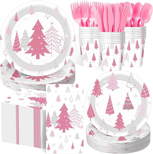 Pickmesh 400 Pcs Christmas Party Supplies Pink Silver Xmas Tree Snowflake Disposable Paper Plates Napkins Cups Cutlery for Winter Xmas Christmas Birthday Party Table Decorations Serve 50