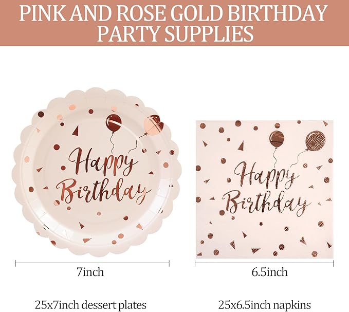 50PCS Happy Birthday Paper Plates and Napkins Set - 7 Inch Pink Rose Gold Birthday Cake Plates Scalloped Dessert Plate Disposable Tableware for Birthday's Party Supplies Decorations