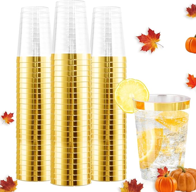 Ciaell 120PCS Gold Plastic Cups - 12Oz Heavy Duty Plastic Cup - Disposable Gold Rimmed Cups - Premium Gold Rim Cup Perfect for Wedding & Party & Thanksgiving