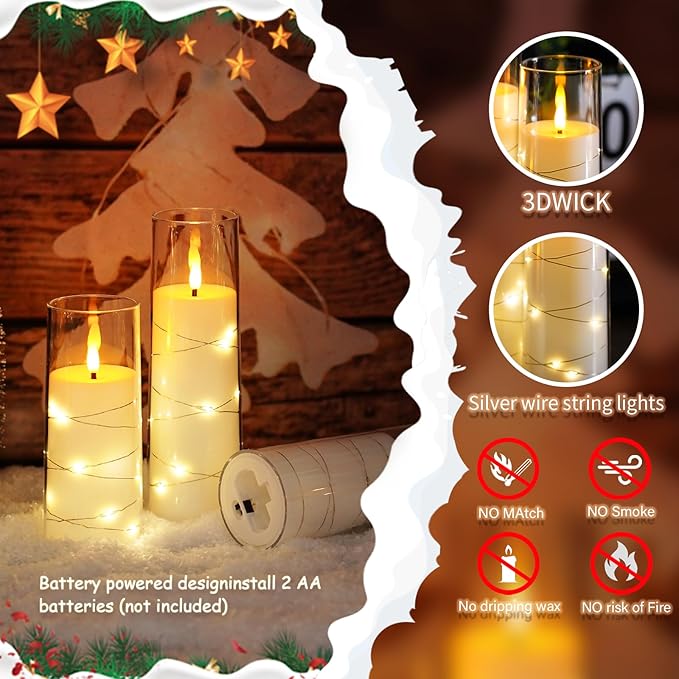 Flameless Candles,with Embedded Star String, Battery Operated Candles Flickering LED Pillar Candles with Remote Control and Timer, Home Decoration Add a Warm and Romantic Atmosphere，Set of 7 (Ivory)