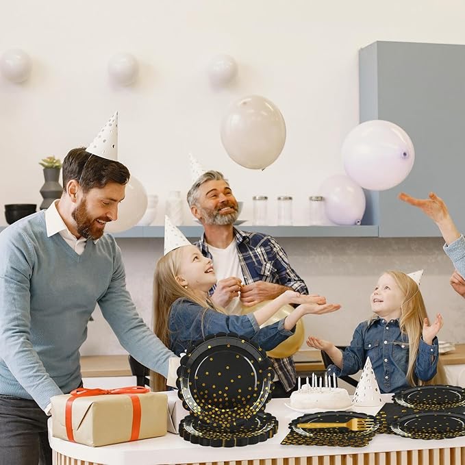 90PCS Black and Gold Plates and Napkins Party Supplies Decorations, 7Inch Scalloped Black Paper Plates and Napkins Set Disposable Party Dinnerware for Birthday Wedding,Graduation