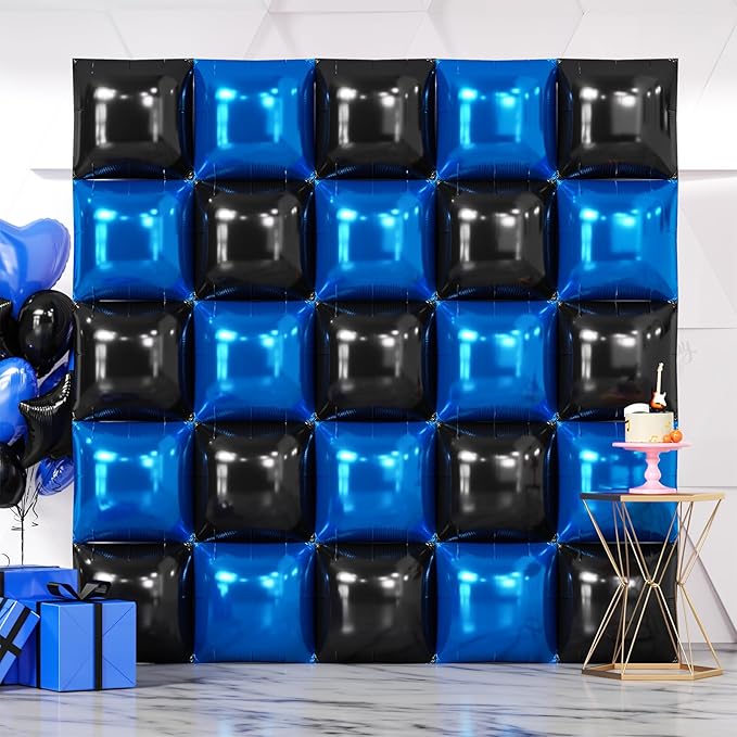 NISOCY 25PCS Black and Blue Square Foil Balloons Wall Backdrop Double Sided Black and Dark Blue Balloons Arch Kit for Birthday Graduation Retirement Anniversary Baby Shower Party Decorations