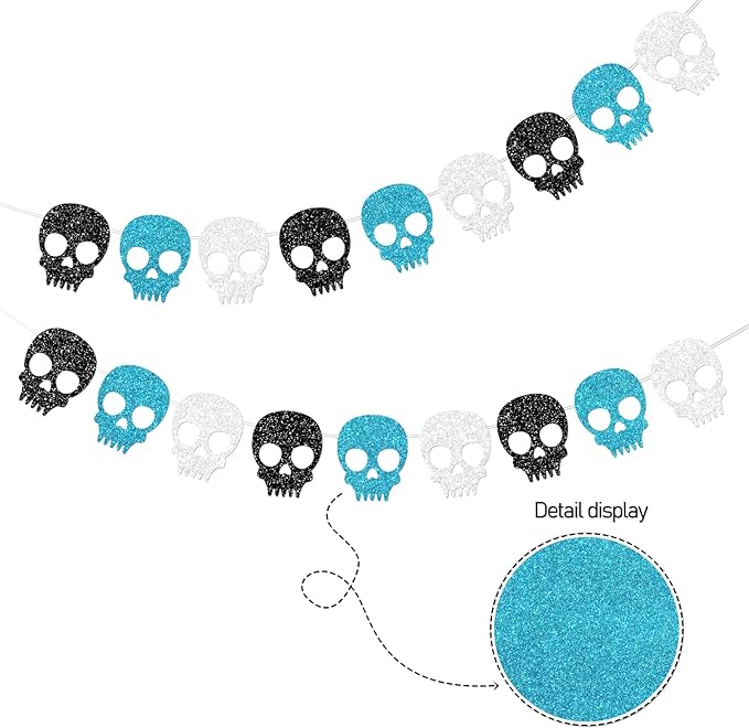 2PC Black/Silver/Blue Skull Garland for Halloween Party Decorations Glitter Skull Banner for Boy/Men Gothic Birthday Decorations Supplies