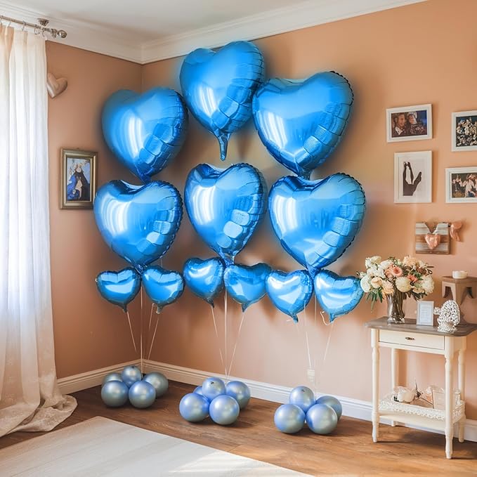 Blue Heart Balloons, 19PCS Blue Heart Shape Balloons, 18Inch with 10Inch Helium Foil Balloon Love Balloon for Birthday Wedding Engagement Valentines Party Anniversary Decorations