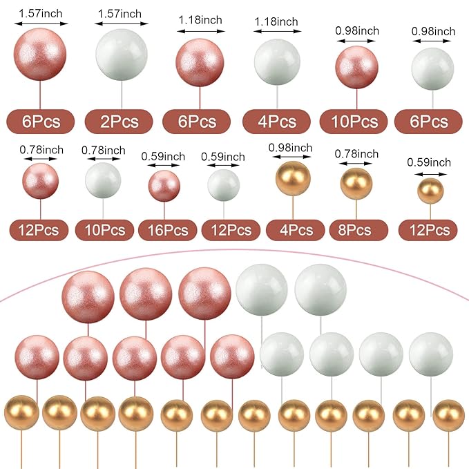 108 Pcs Balls Cake Topper DIY Cupcake Insert Foam Balloons for Cake Baking Wedding Anniversary Birthday Decoration(Rose Gold, White, Gold,Multi Sizes)