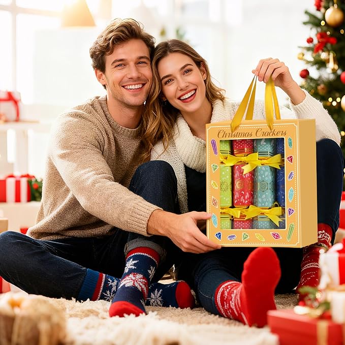 MOVINPE 8 Pack Christmas No Snap Party Table Favors, 10” Christmas Table Decorations with Gemstone Necklaces, Paper Crown, Joke Card, Traditions Holiday Family Dinner Gift Set