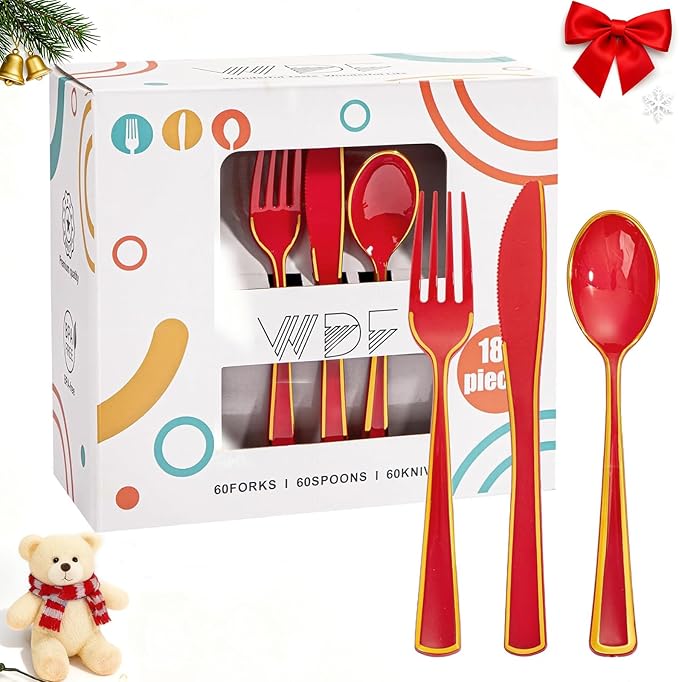 WDF 180 Pieces Red and Gold Plastic Silverware - Disposable Christmas Utensils Include 60 Forks, 60 Knives and 60 Spoons - Heavy Duty Red Plastic Cutlery - for Christmas/Party