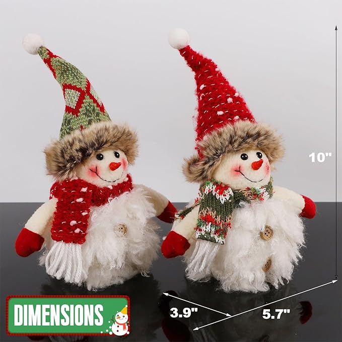 Juegoal 2 Pack Christmas Table Decorations, 10 Inch Lighted Plush Snowmen Figurines, Light Up Snowman Holiday Present, Battery Operated Xmas Gifts Tabletop Ornaments Dinner Party Supplies, Brown Brim