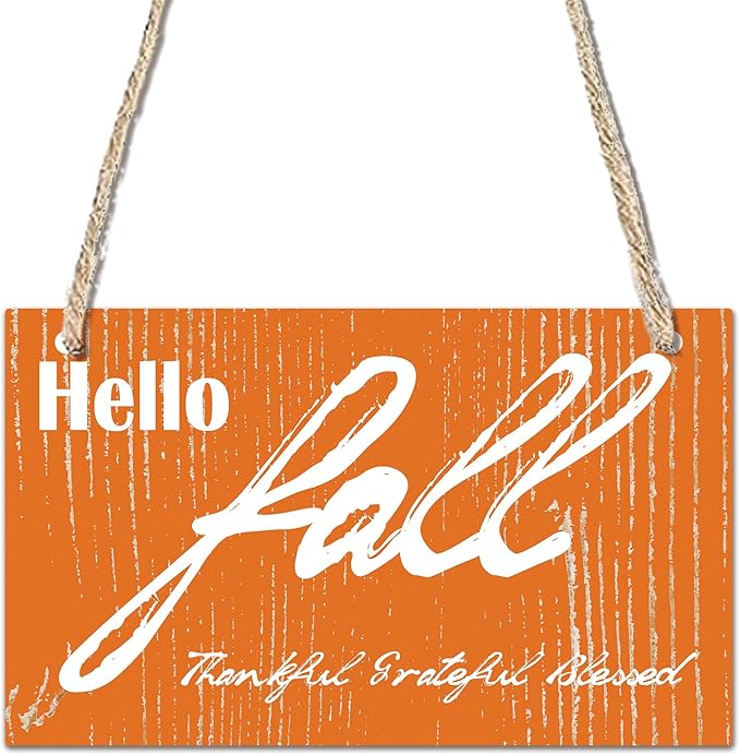"Hello Fall" Wooden Hanging Sign - Orange Autumn Wood Hanging Decoration - Applicable Porch Home Wall Indoor Outdoor Decor Or Holiday Gifts For Friends And Family(6" x 10") - A03