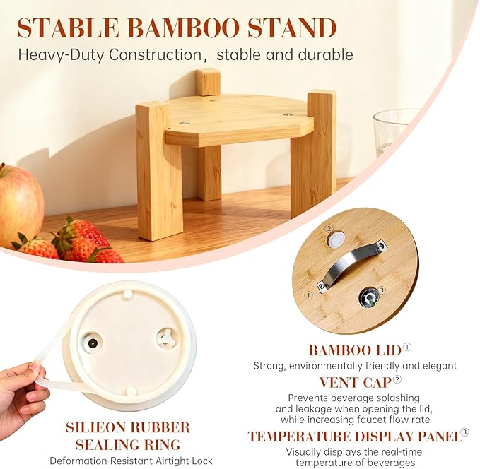 2.1 Gallon Drink Dispenser,Glass Beverage Dispenser With Wood Stand,Large Water Drink Dispensers for Parties with Anti-blocking Spigot,Christmas Party Drink Dispenser for Lemonade,Juice, Iced Tea