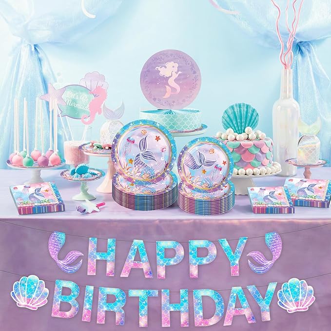 Mermaid Party Supplies Plates and Napkins Sets,Mermaid Birthday Decorations Disposable Plates for Baby Shower, Mermaids Theme Tableware with Cups, Tablecloth, Birthday Banner for Kids Girls, Serve 24
