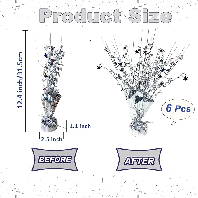 6 Pack Metallic Foil Spray Centerpiece Star Table Decoration Burst Glitter Tabletop Centerpieces for Birthday Christmas New Years Nye Wedding Graduation Holiday Party Supplies Decor, Silver