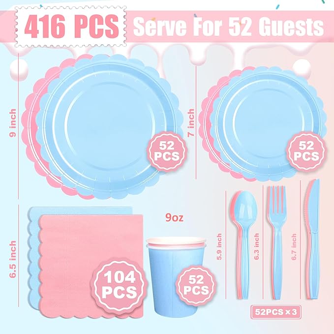 416 Pcs Pink And Blue Party Supplies - For 52 Guests Paper Plates And Napkins Knives Spoons Forks Cups - Disposable Small Scalloped Dinner Party Set Cutlery - For Baby Shower Bridal Shower Wedding