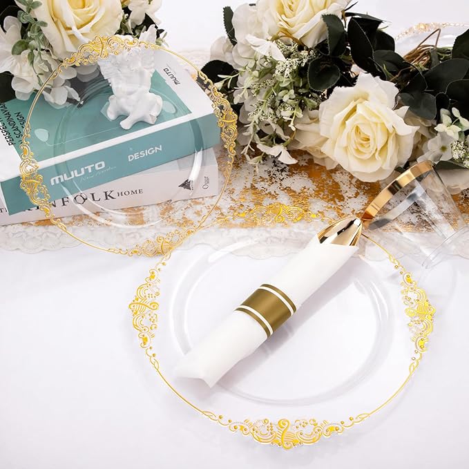 Nervure 175PCS Clear Gold Plastic Plates - Disposable Gold Party Plates & Pre Rolled Napkins with Cutlery for 25 Guests, 50Plates, 75Silverware, 25Cups, 25Napkin for Wedding & Party & Thanksgiving