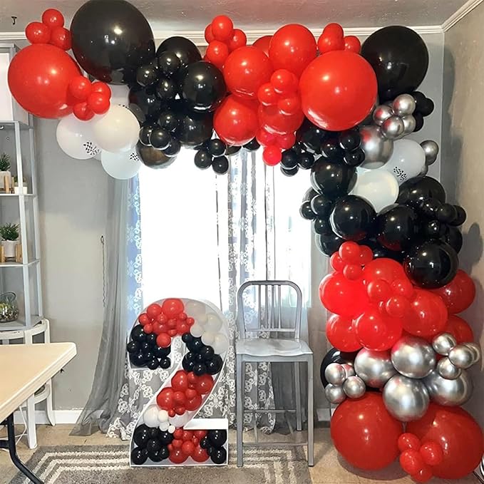 Red Black Balloons, 60 Pcs 12 Inch Double Stuffed Red Matte Black White Balloon with Metallic Silver Balloon for Halloween Vampire Prom New Year Race Car Theme Birthday Poker Card Party Decorations