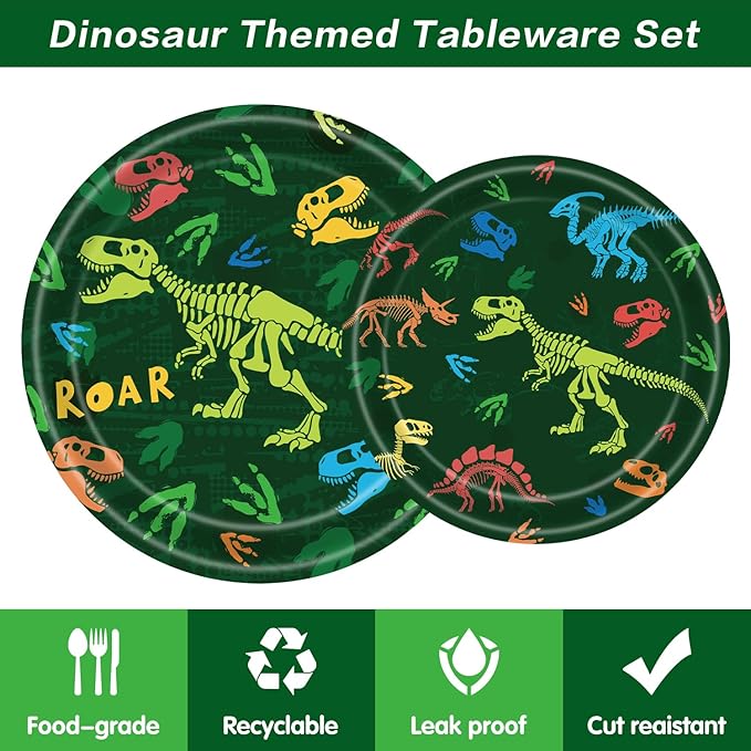 140pcs Dinosaur Birthday Party Supplies, Disposable Tableware Set with Plates, Cups, Napkins, and Cutlery Sets for Dinosaur Themes Party Serves 20