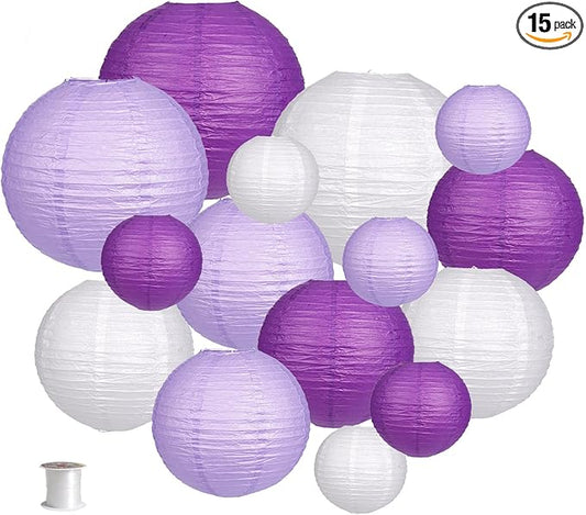 Paper Lanterns Decorative, Round Hanging Paper Lanterns Decorations for Bachelorette Engagement Birthday Party Decorations Purple/Lavender/White 15pcs