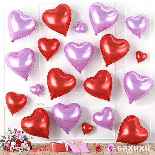 Red Purple Heart Balloons, Heart Shaped Ballons, 20 Pcs 5/10/18 inch Red Purple Foil Love Balloons for Valentine's Day Decorations Wedding Engagement Bridal Showers Anniversary Celebrations